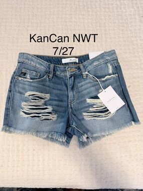KanCan Ripped Frayed Hem Denim Shorts - Light Blue